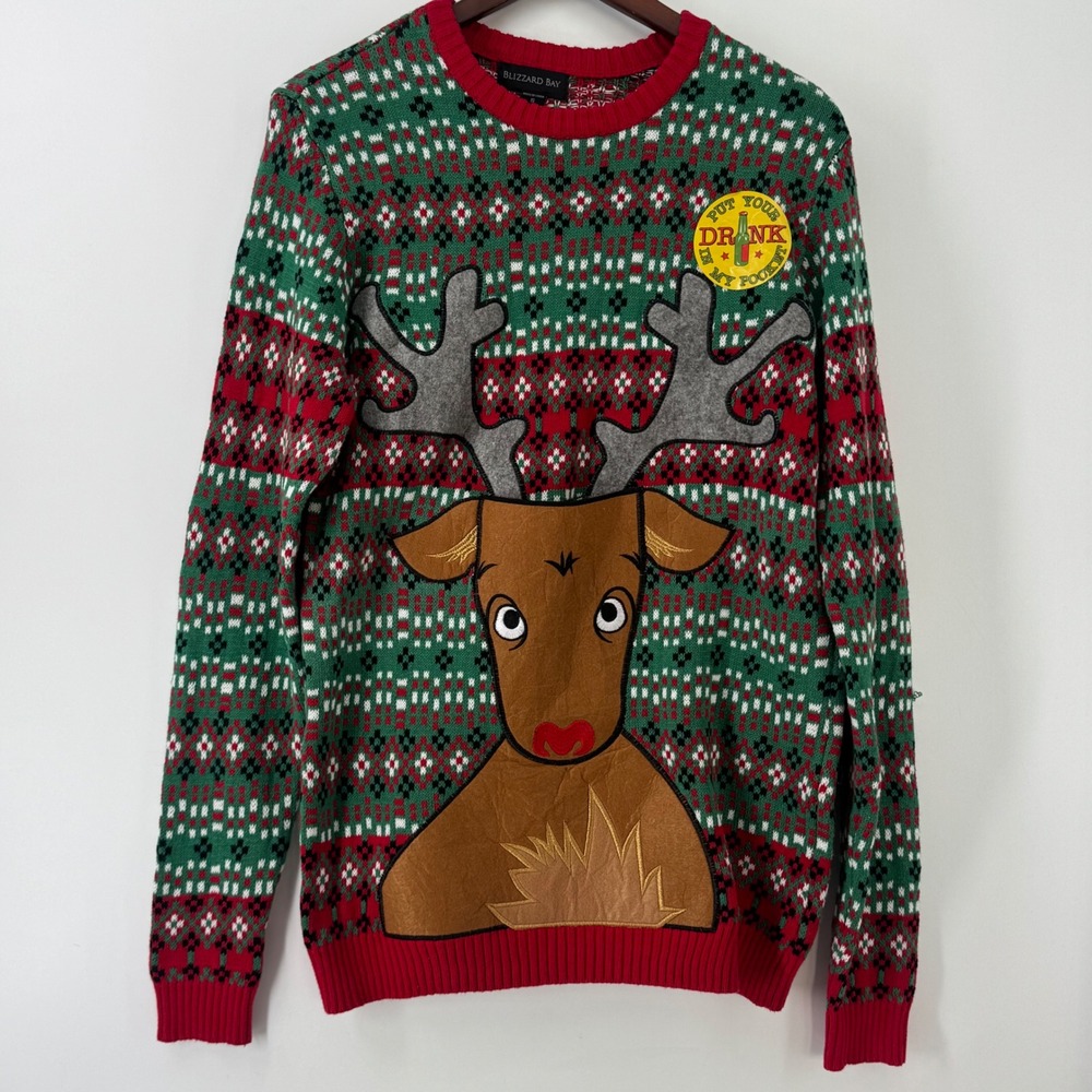 Blizzard Bay Men Reindeer Ugly Christmas Sweater Red Green Pocket Small